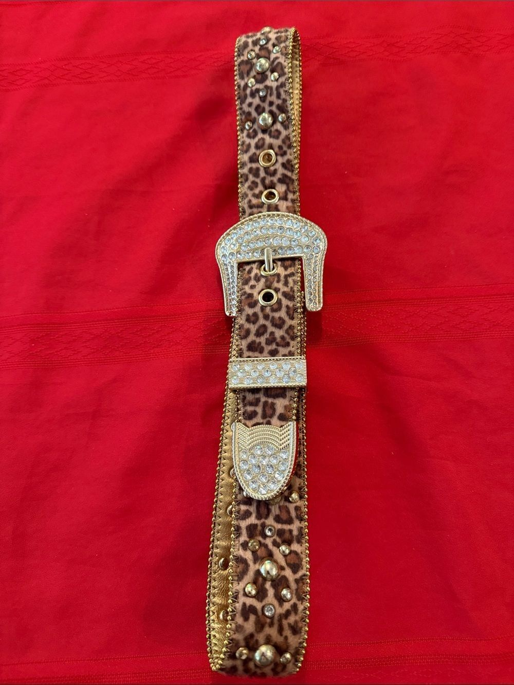 Kathy Van Zeeland Mohair Cheetah & Rhinestone Beaded Belt Size Large
